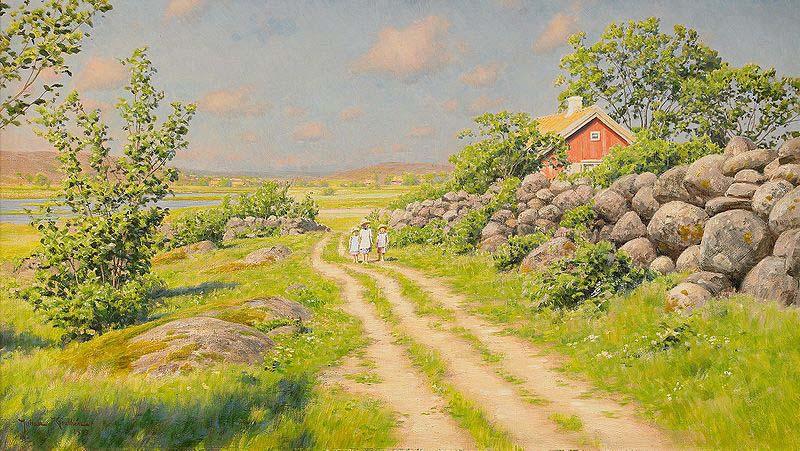 johan krouthen Sommarlandskap med vandrande barn oil painting picture